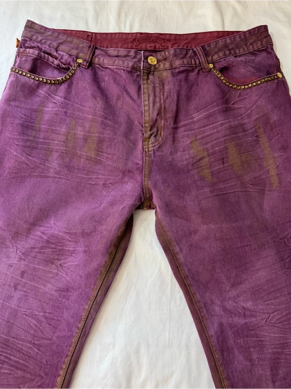 Robin's Jean Men's Burgundy Gold Acid Wash Tie Dye Straight Studded Jeans Sz 42